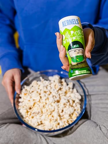 Kernels Dill Pickle Popcorn Seasoning label close-up and branding.