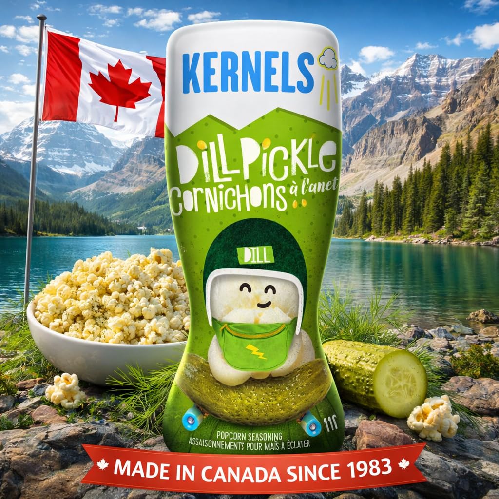 Kernels Dill Pickle Popcorn Seasoning with popcorn bowl ready.
