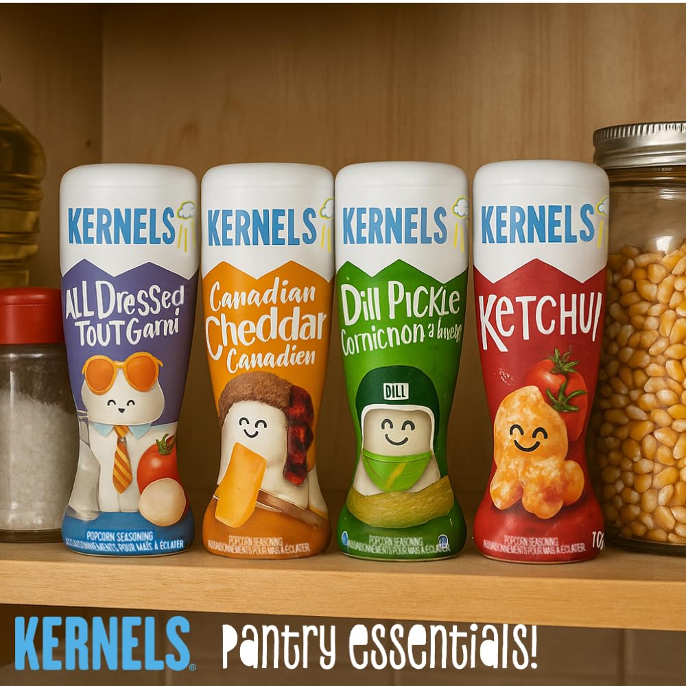 Kernels product label vinegar flavor close-up communicates tangy profile.