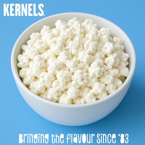Kernels storage jar on shelf emphasizing convenient 110g pantry size.