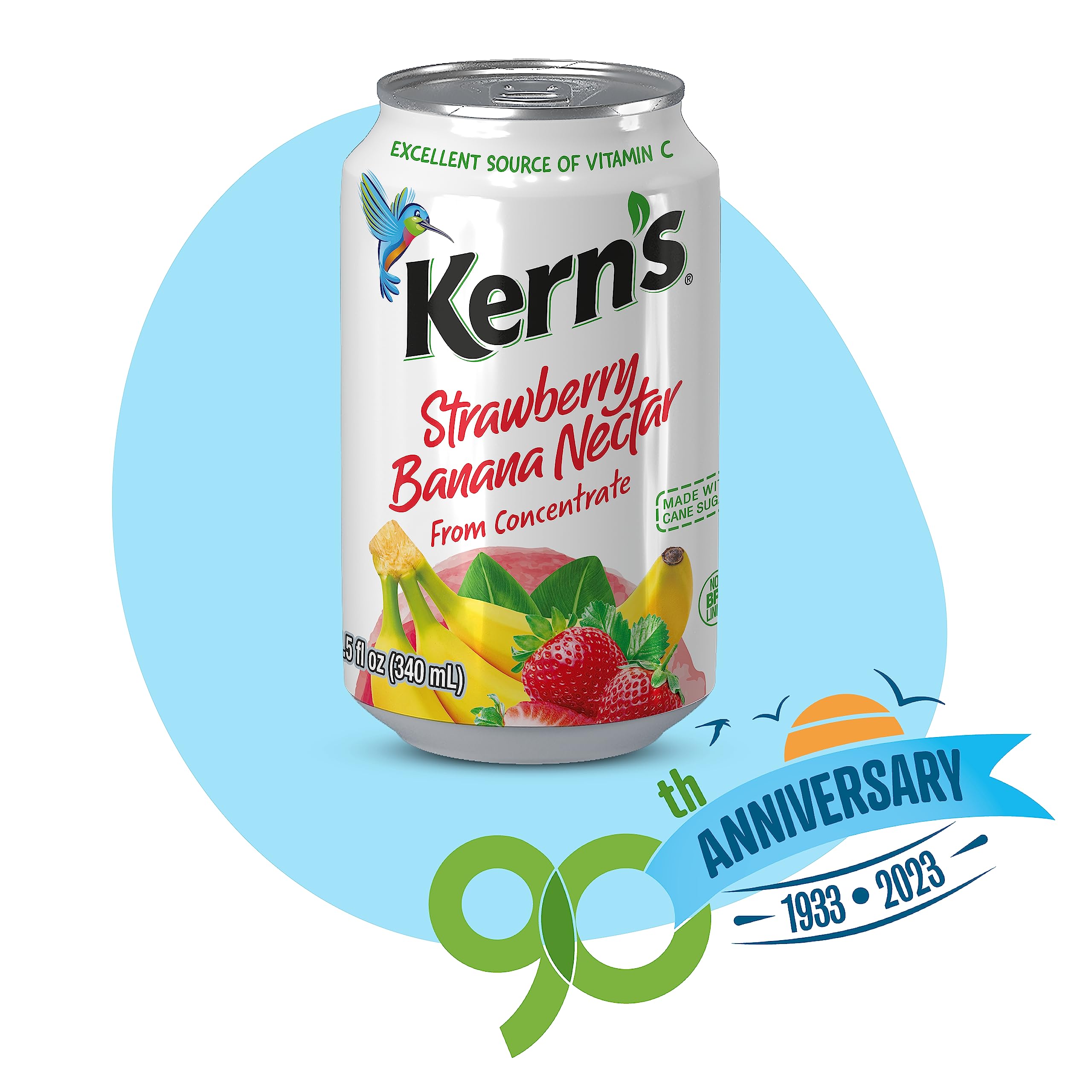 Glass of Kern's strawberry banana nectar, refreshing and smooth.