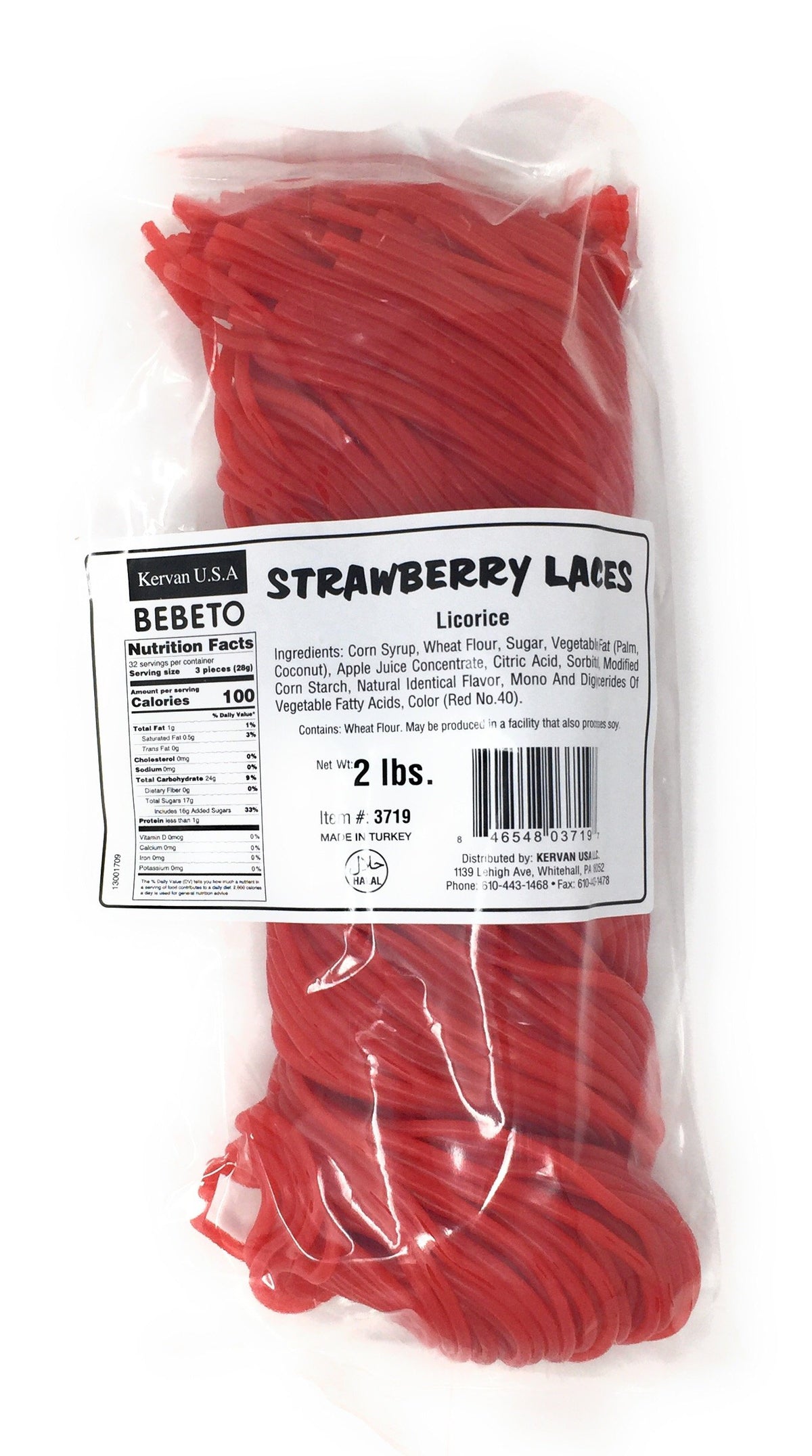 Kervan Bebeto strawberry licorice laces, soft and chewy texture ideal for kids' snacks.