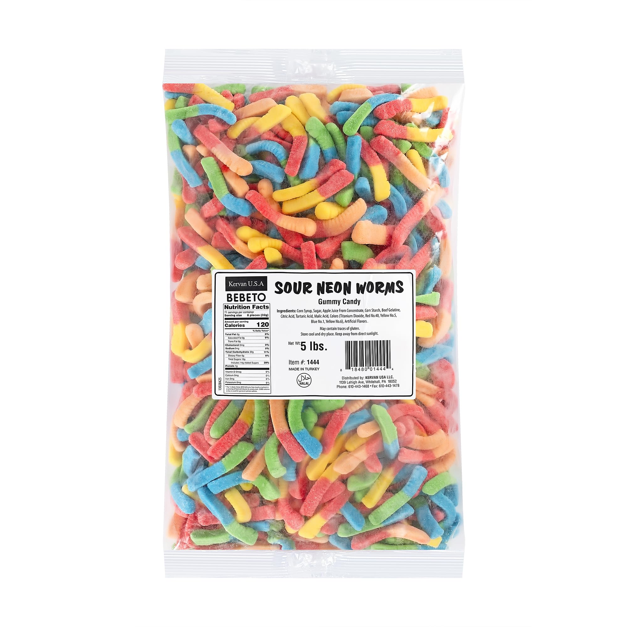 Kervan Bebeto sour neon worm gummies bulk bag for parties and gifting.