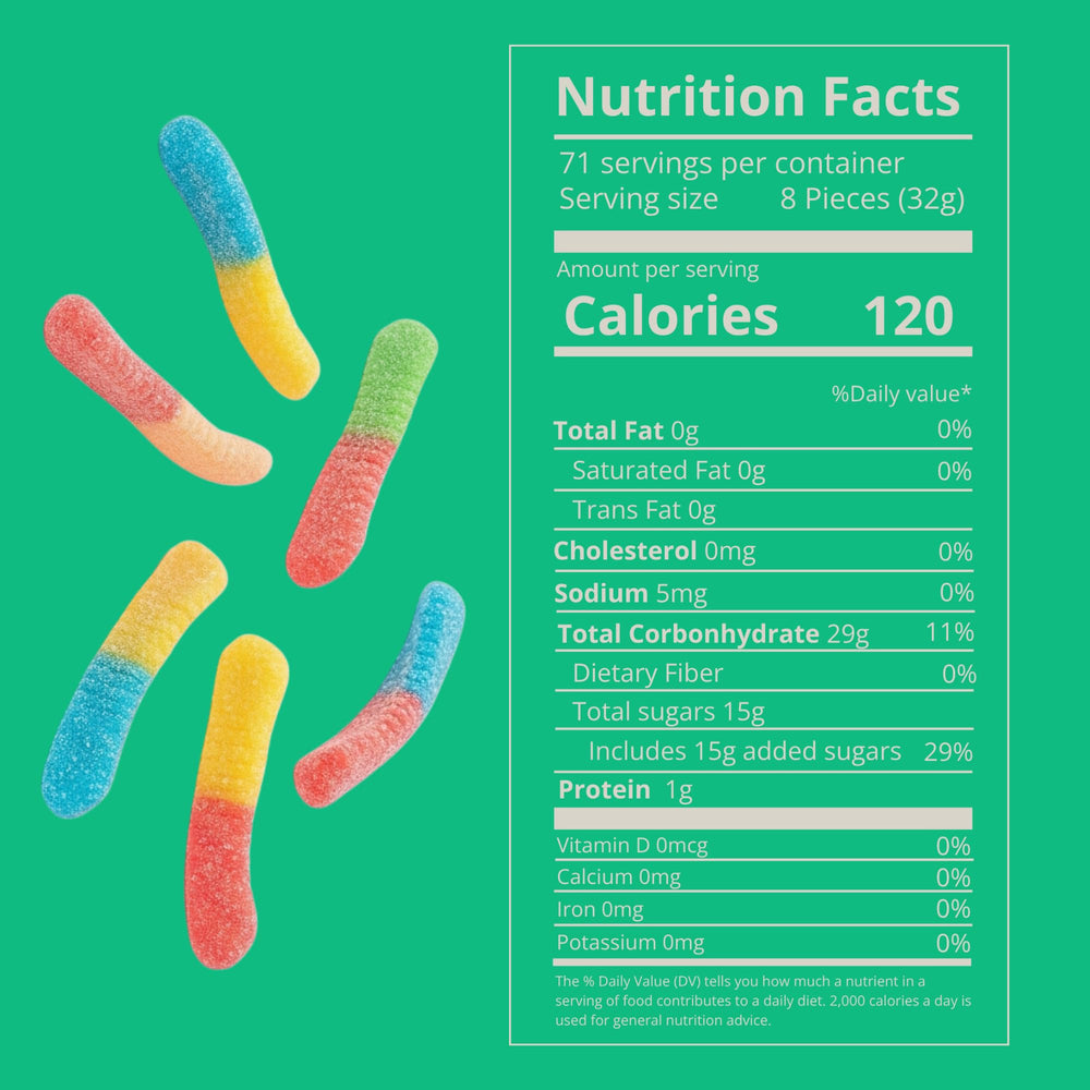 Kervan Bebeto neon worm gummies closeup showing bright colors and soft chew.