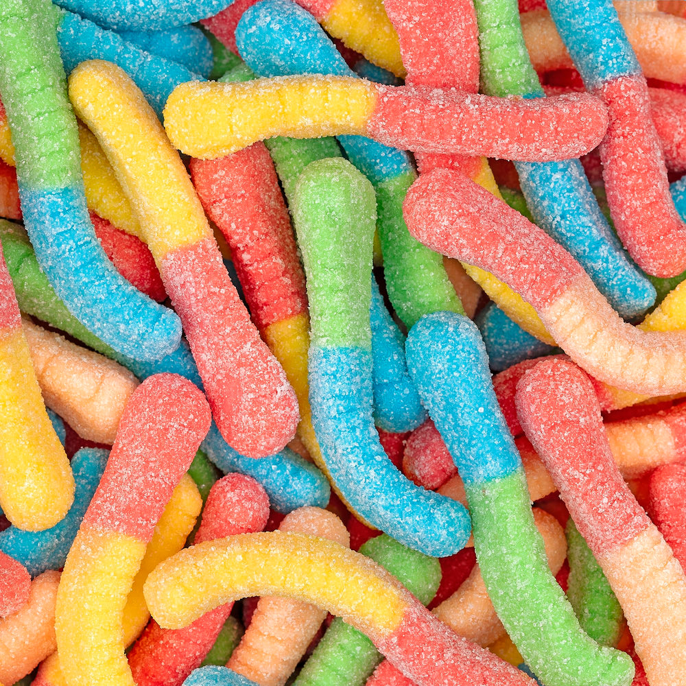 Kervan Bebeto neon worm gummies used as colorful party favors.