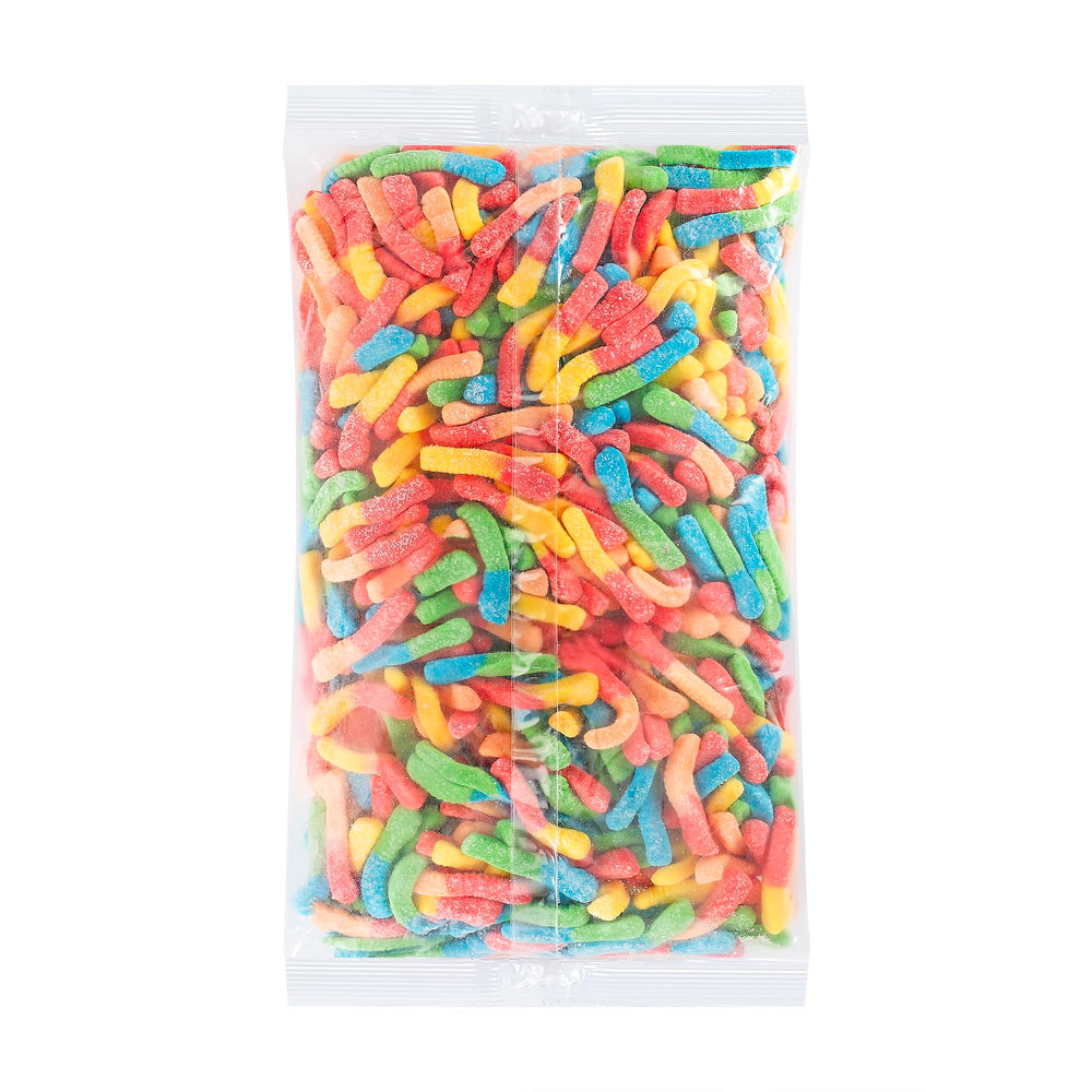 Kervan Bebeto neon worm gummies displayed at a party table.