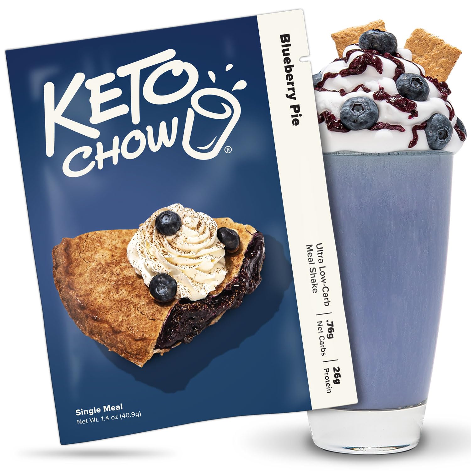 Keto Chow Blueberry Pie powder canister showing a nutritionally complete keto meal replacement.