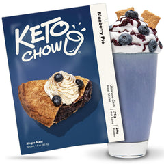 Keto Chow Blueberry Pie powder canister showing a nutritionally complete keto meal replacement.
