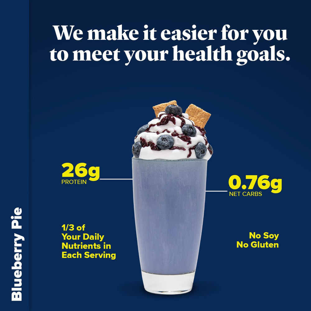 Keto Chow Blueberry Pie shake poured into glass for a low-carb meal option.