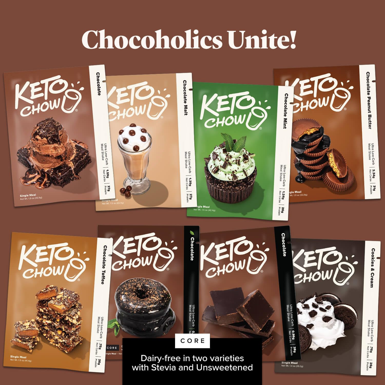 Keto Chow Chocolate 3-pack packaging highlights value options.