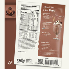 Keto Chow Chocolate ingredient label close-up showing nutrition details.