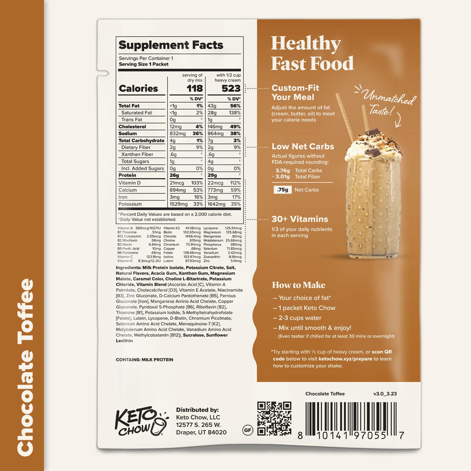 Keto Chow Chocolate Toffee melted butter topping highlights customizable fat option