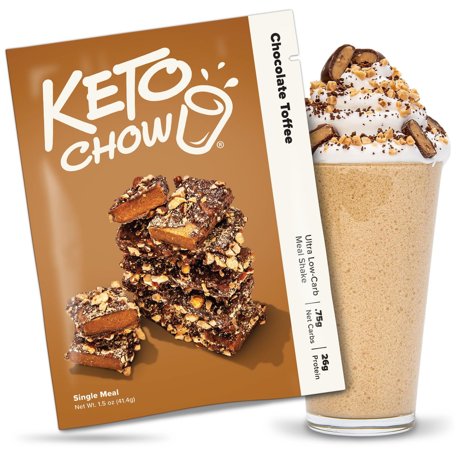 Keto Chow Chocolate Toffee packaging front for convenient keto meal replacement
