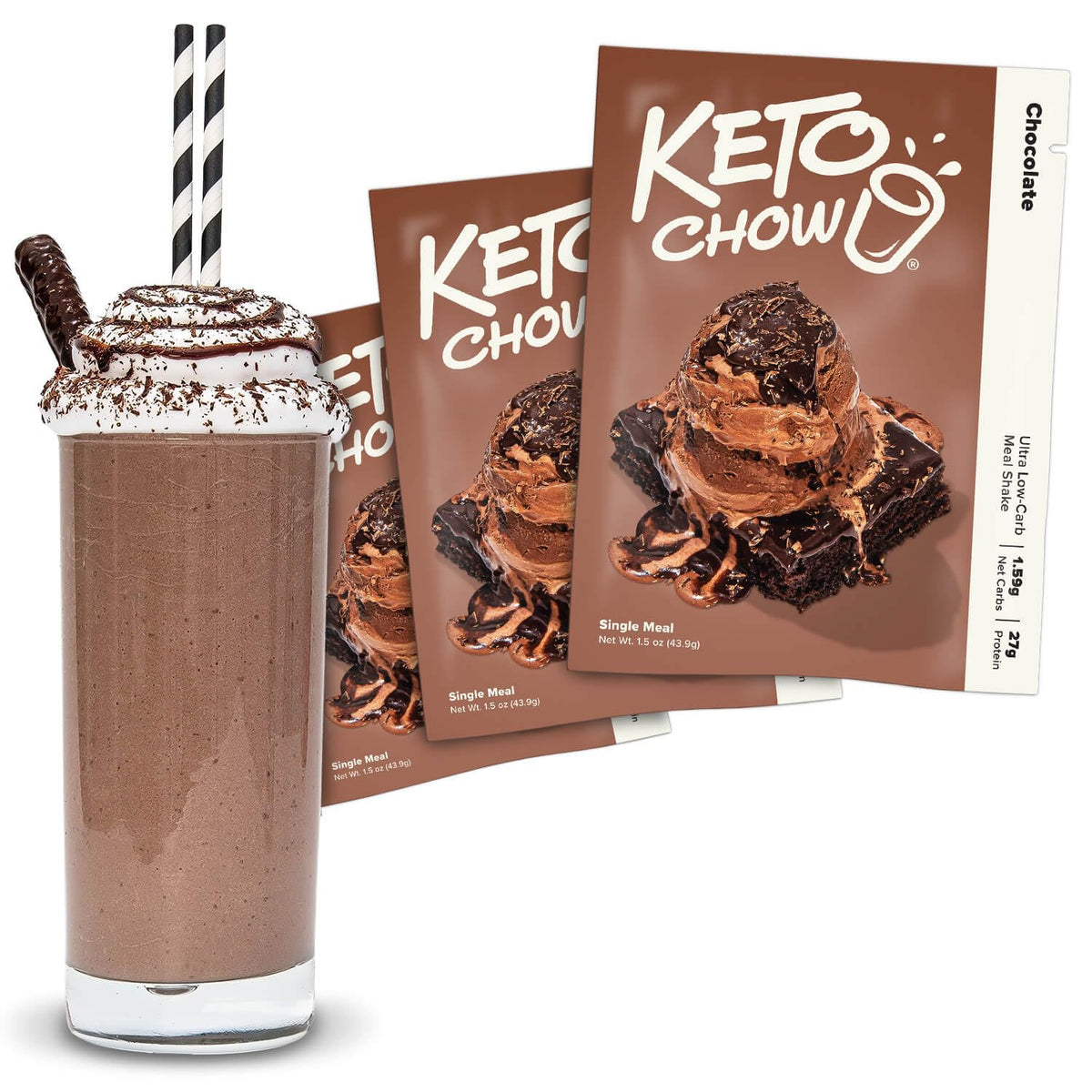 Keto Chow Chocolate tub-front with clear branding for easy meal prep.