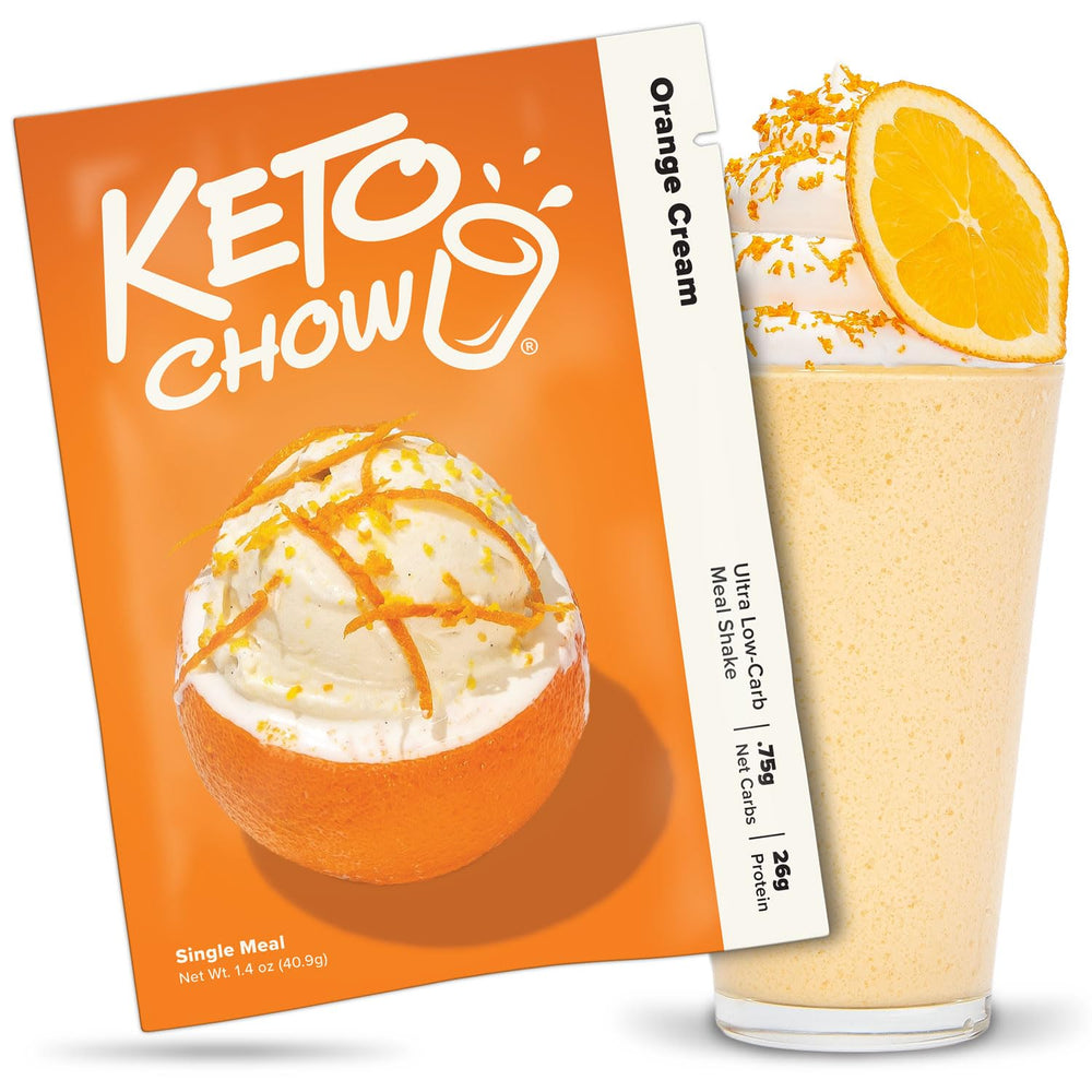 Keto Chow Orange Cream powder container highlights flavor and nutrition for keto meals.