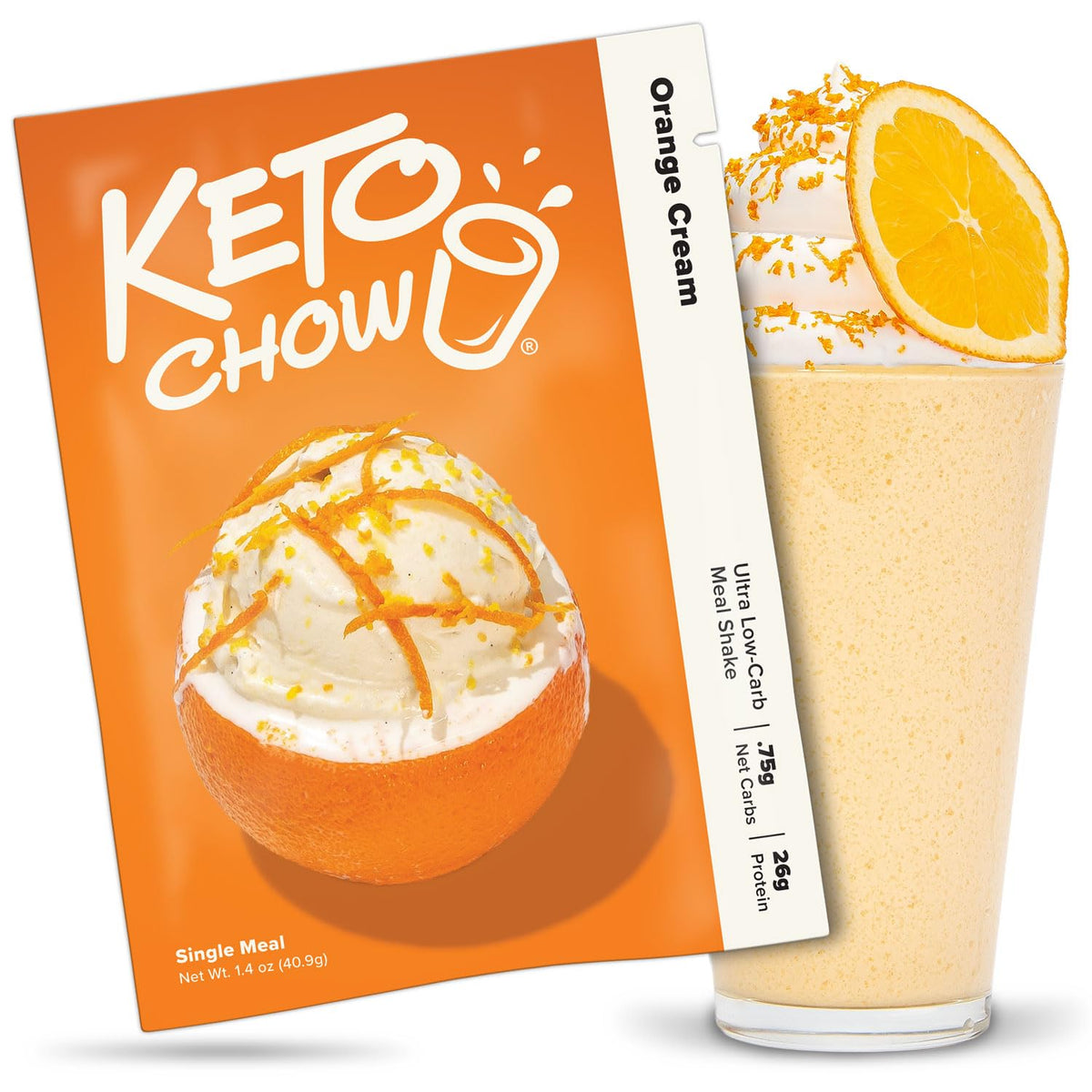 Keto Chow Orange Cream powder container highlights flavor and nutrition for keto meals.