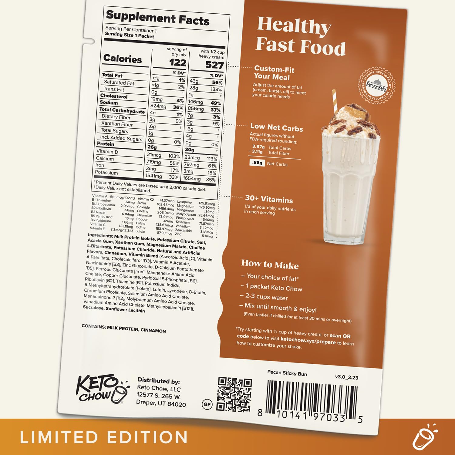 Keto Chow Pecan Sticky Bun shake in a glass ready to sip