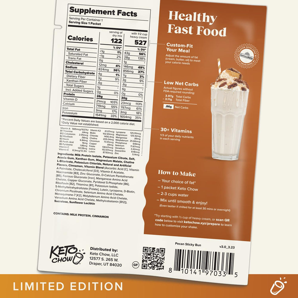 Keto Chow Pecan Sticky Bun shake in a glass ready to sip