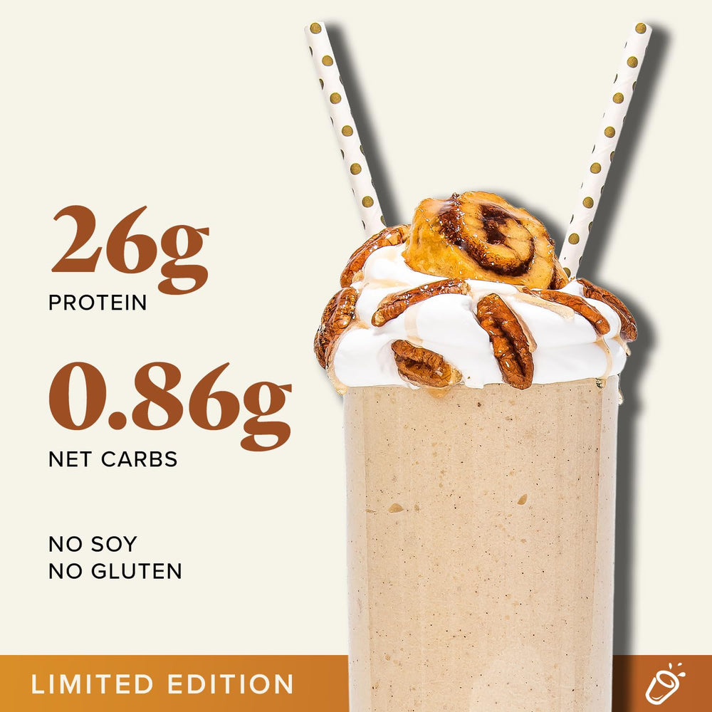 Keto Chow Pecan Sticky Bun pour into glass highlighting quick meal replacement