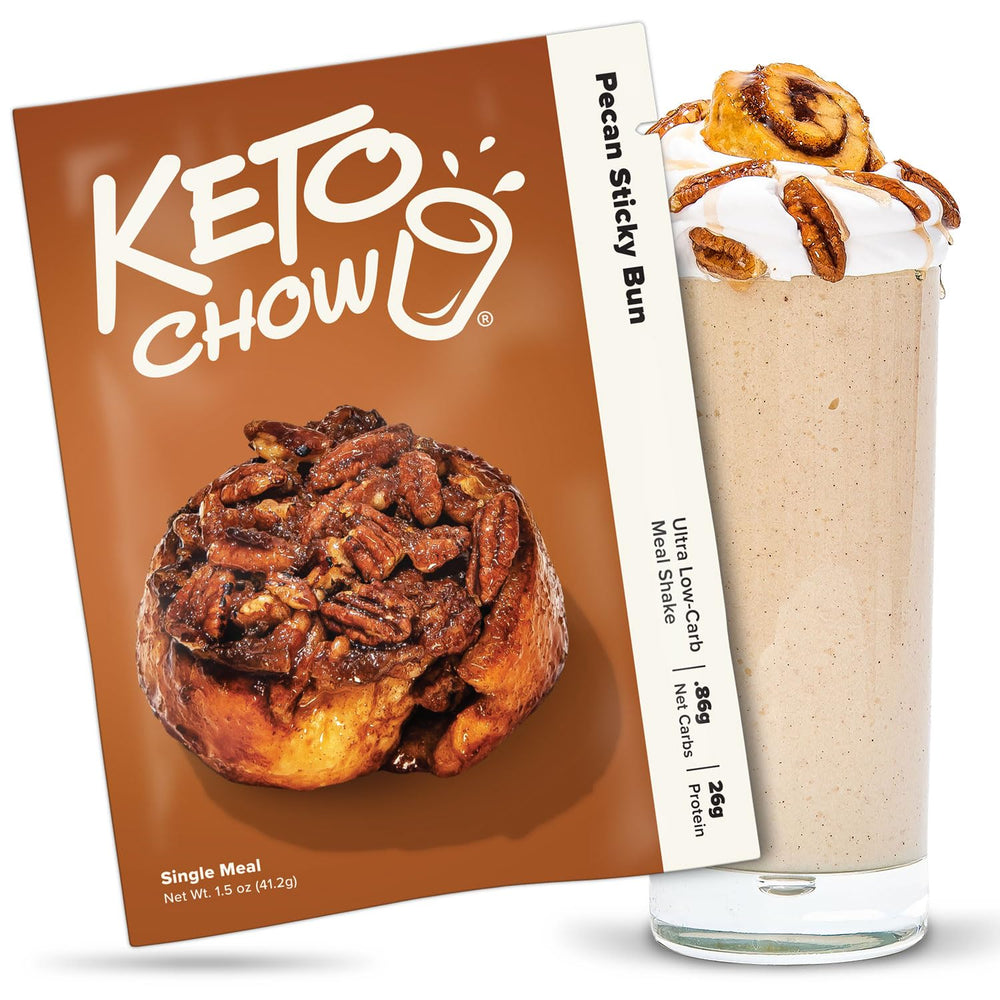 Keto Chow Pecan Sticky Bun tub showing nutritionally complete keto shake powder for meals