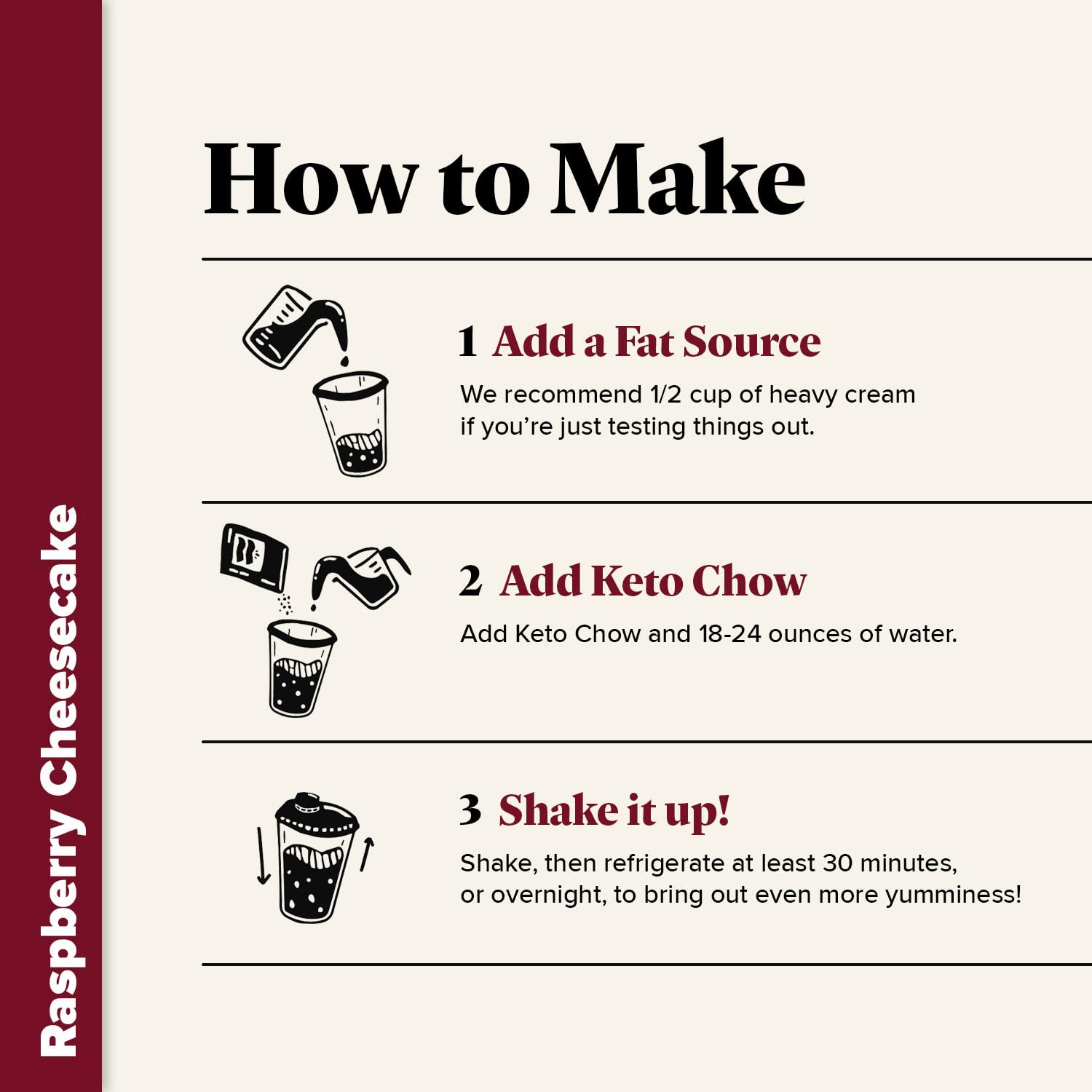 Keto Chow Raspberry Cheesecake bottle and pour for quick mix-and-enjoy routine