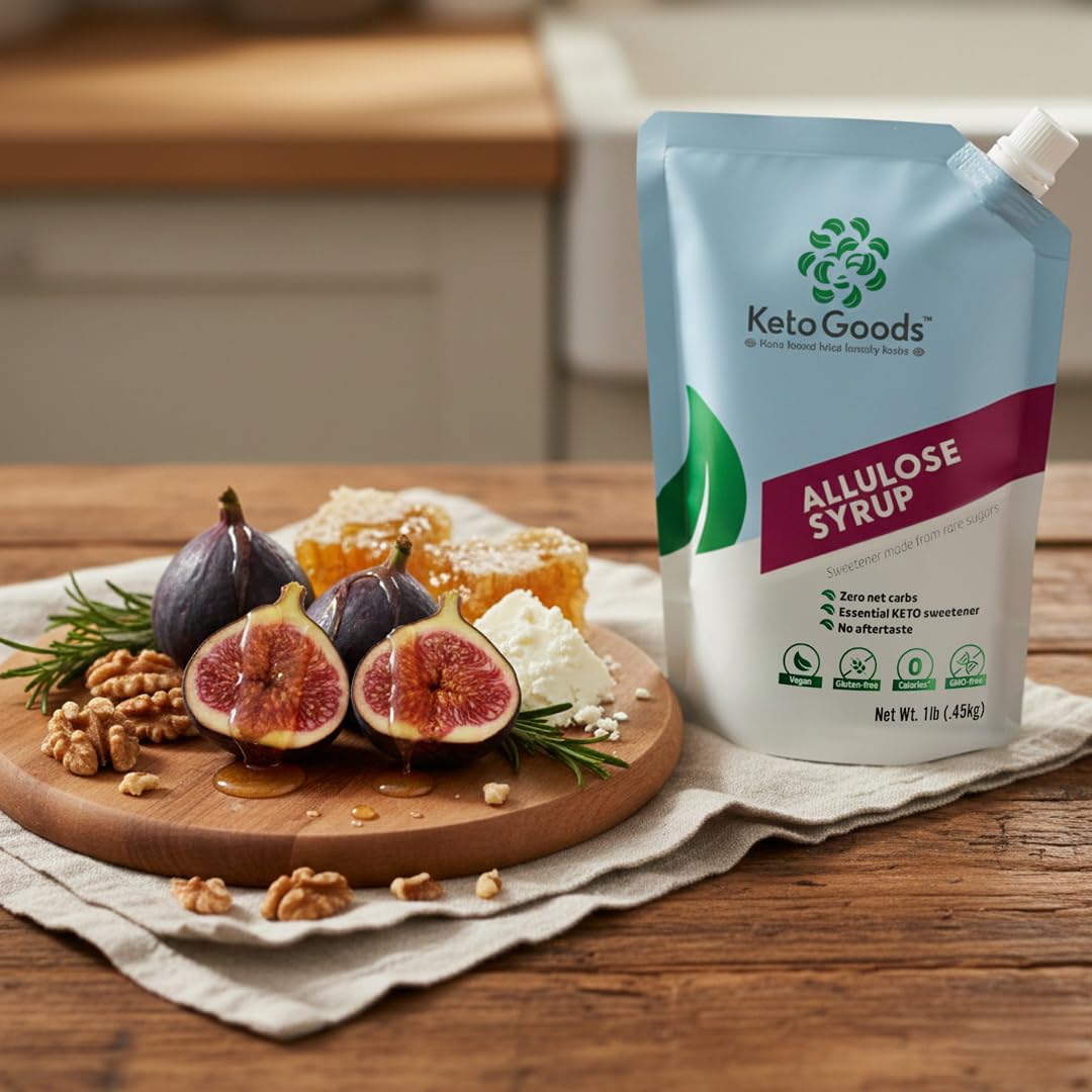 Keto Goods Allulose syrup kitchen-use bottle for everyday cooking tasks.
