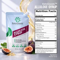 Keto Goods Allulose syrup on pancakes delivering browning without calories.