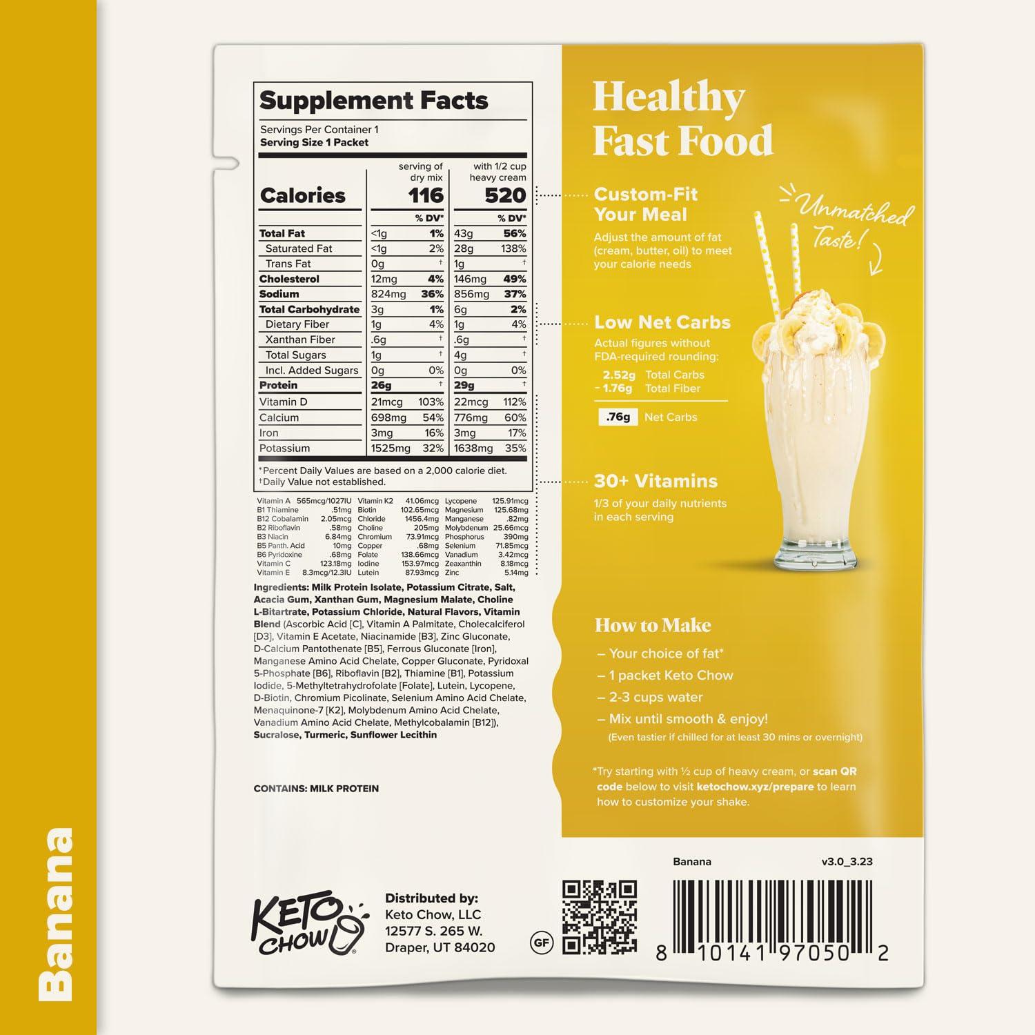 Keto Chow Banana nutrition panel highlights macro and micronutrient balance