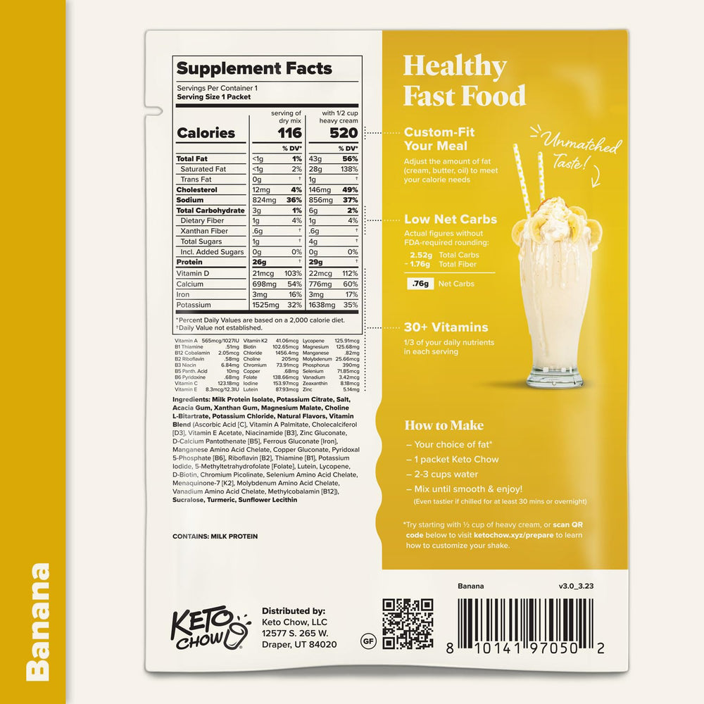 Keto Chow Banana nutrition panel highlights macro and micronutrient balance