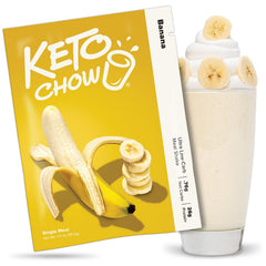 Keto Chow Banana packaging shows convenient keto meal replacement for quick prep
