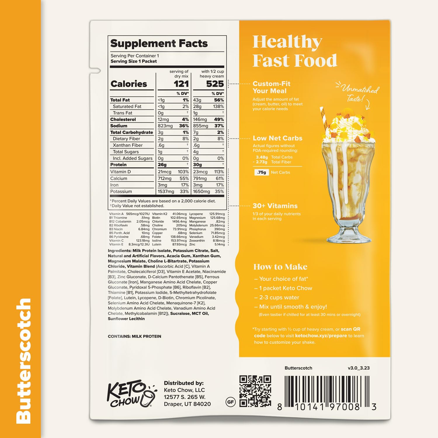 Keto Chow Butterscotch packaging on shelf ready for keto-friendly meals.