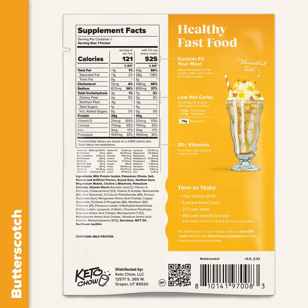 Keto Chow Butterscotch packaging on shelf ready for keto-friendly meals.