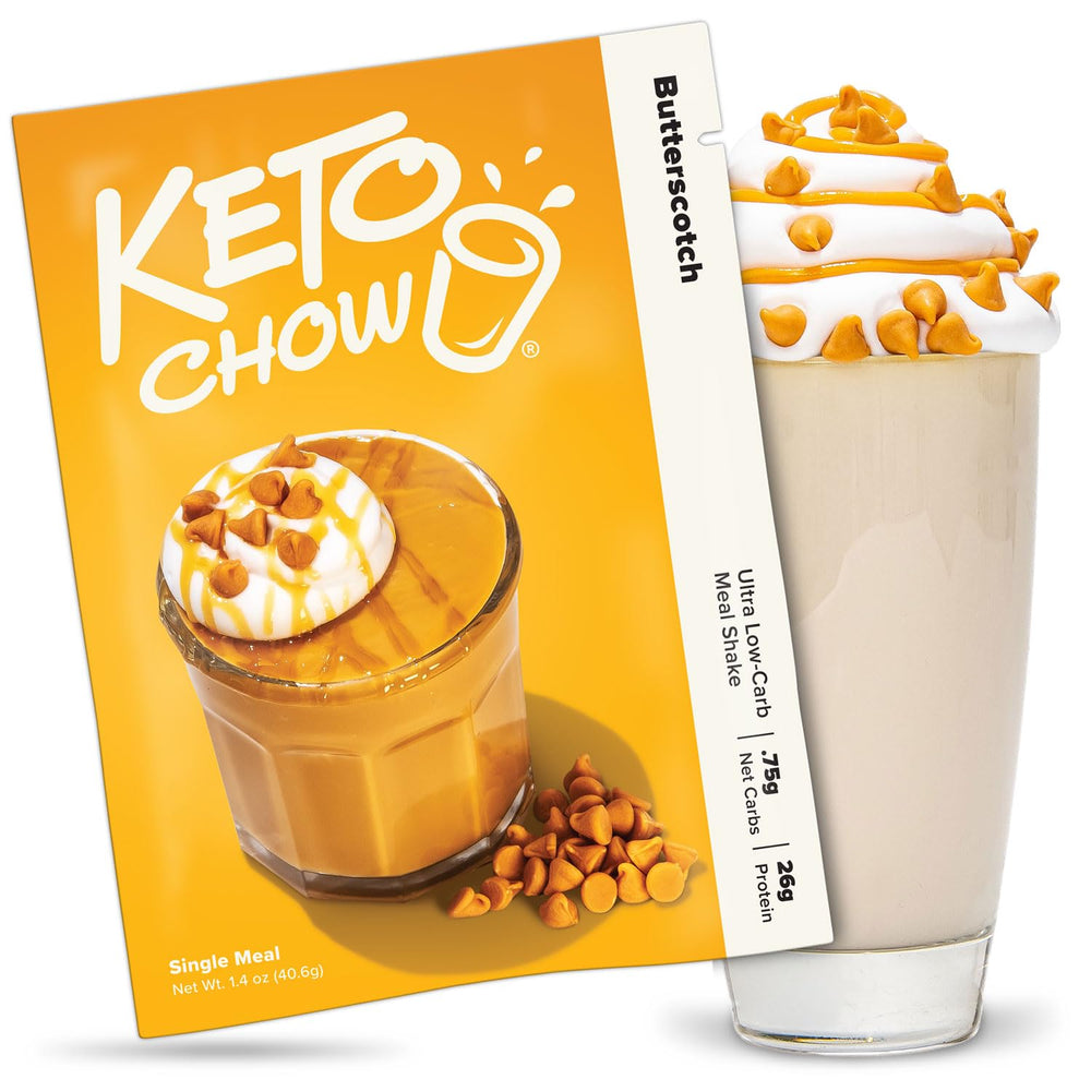 Keto Chow Butterscotch bottle being poured for a quick low-carb meal substitute.