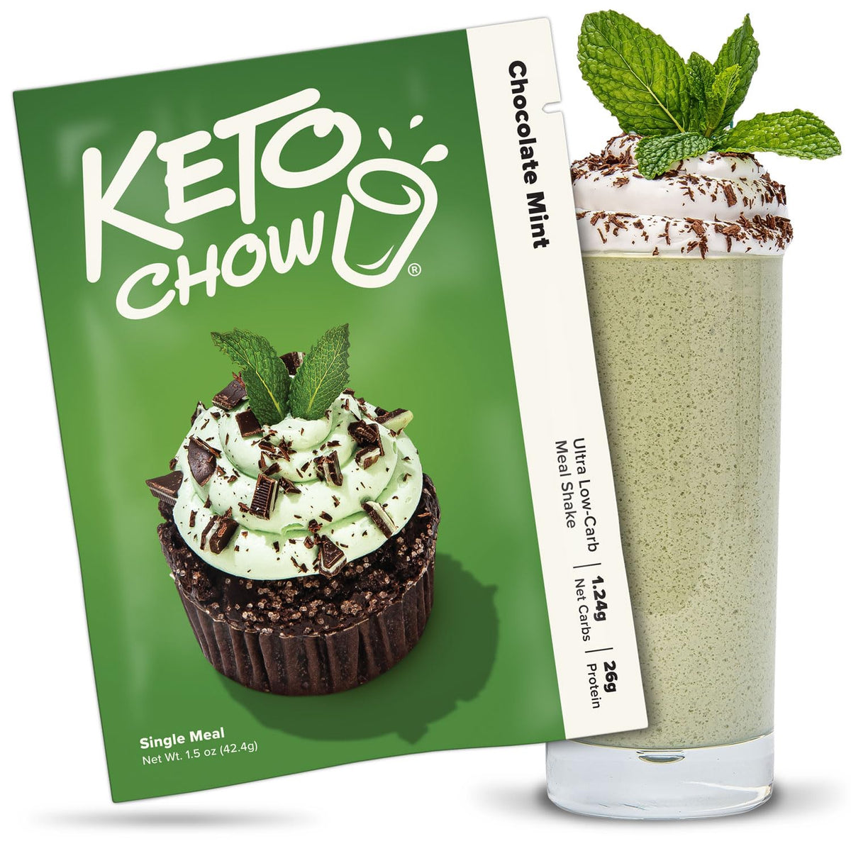 Keto Chow Chocolate Mint bottle pour: convenient keto nutrition on the go.