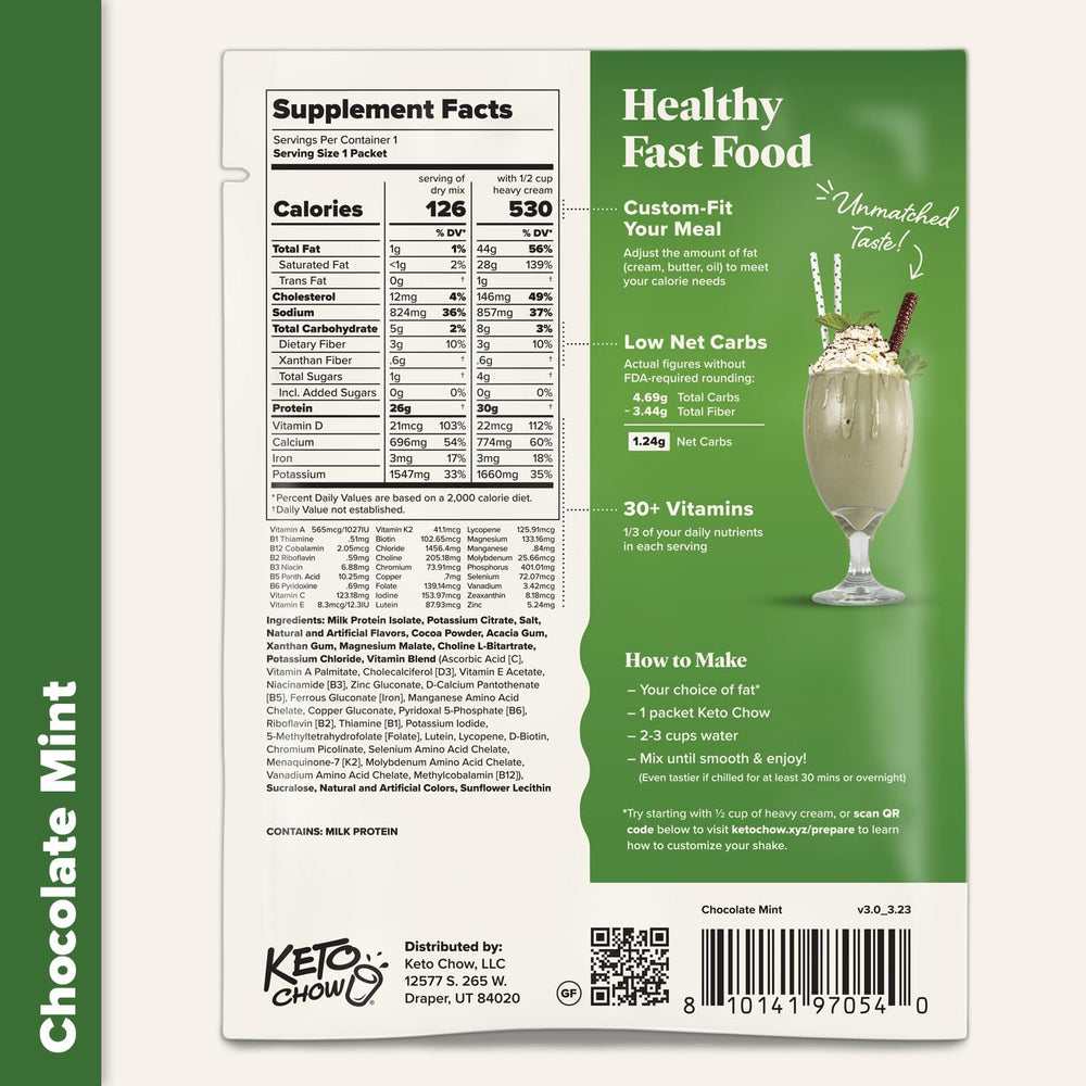 Keto Chow Chocolate Mint fresh serve: creamy chocolate mint flavor anytime.