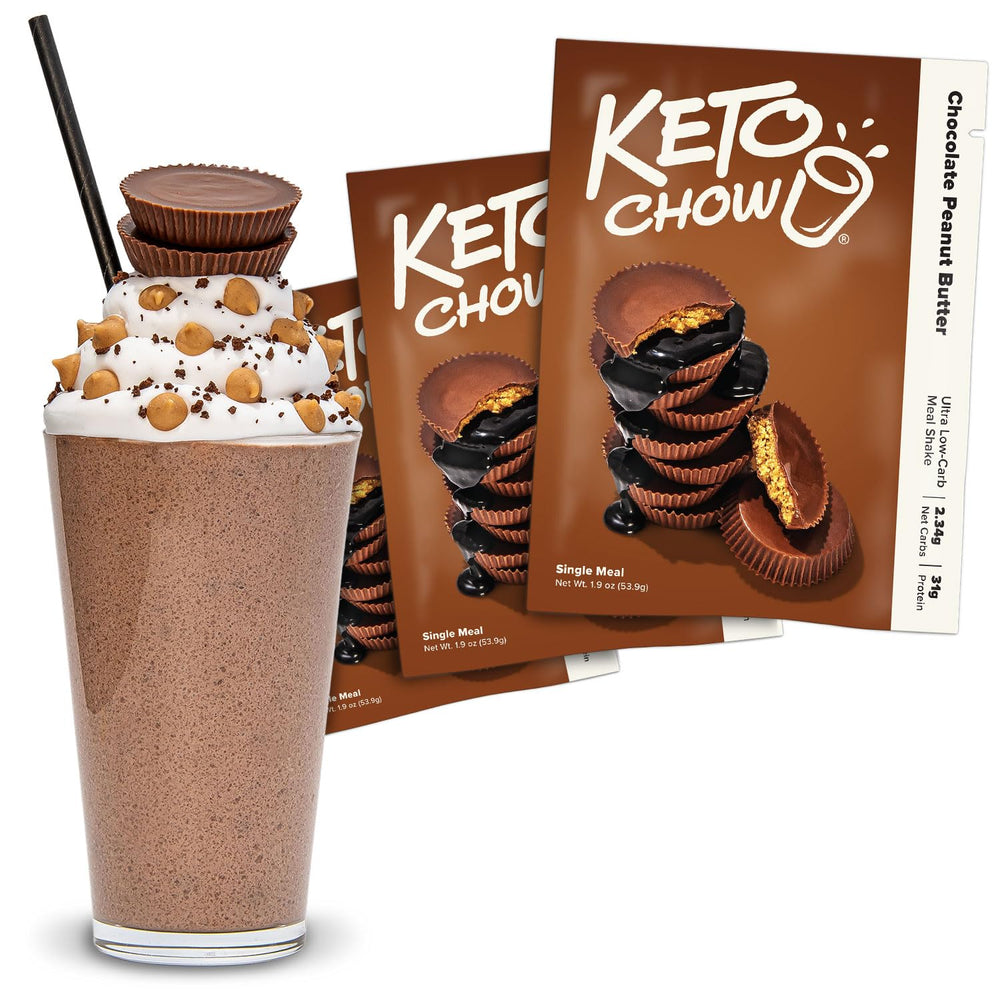 Keto Chow Chocolate Peanut Butter shake in a shaker for quick keto meals.