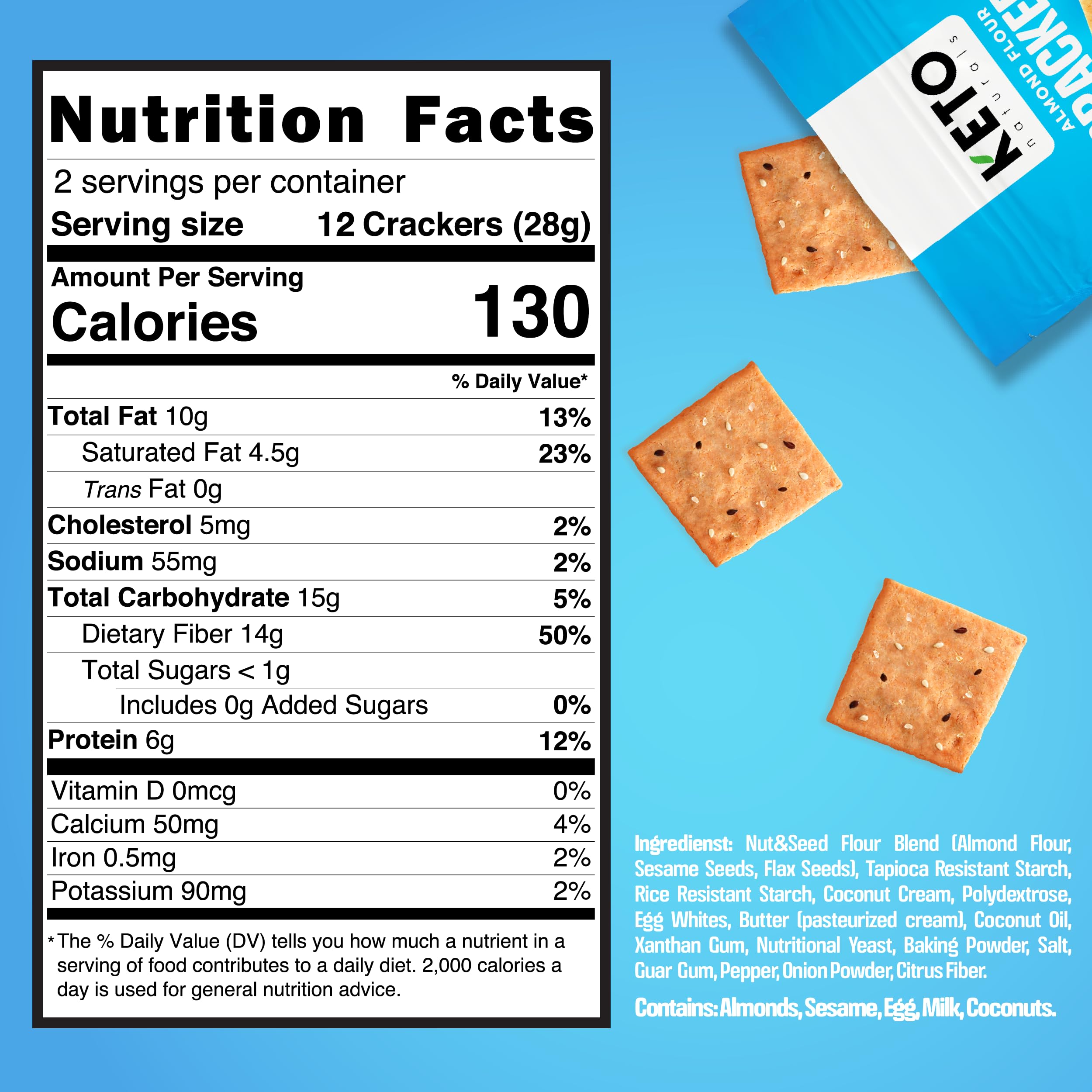 Keto Naturals Sea Salt Crackers showcase almond flour crisp for lunchbox snacking.