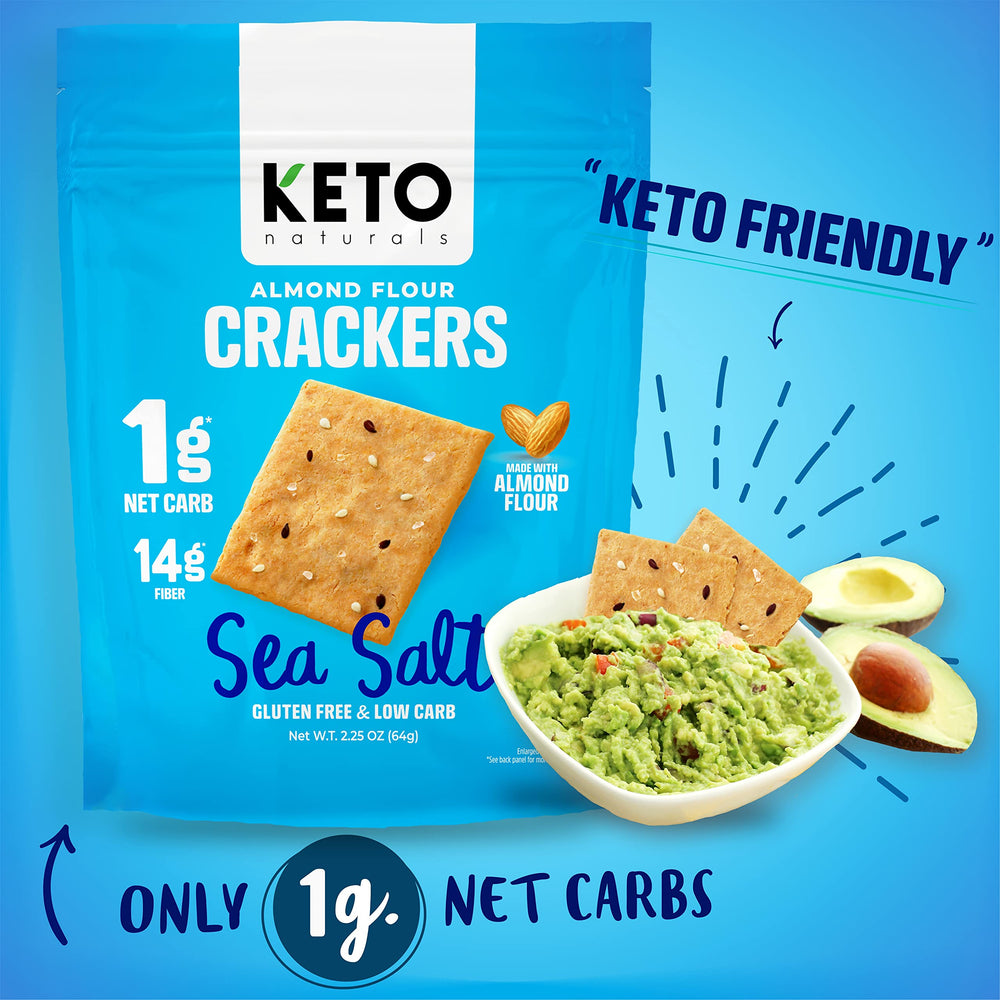 Keto Naturals crackers on a snack plate emphasize gluten-free, no sugar added attributes.