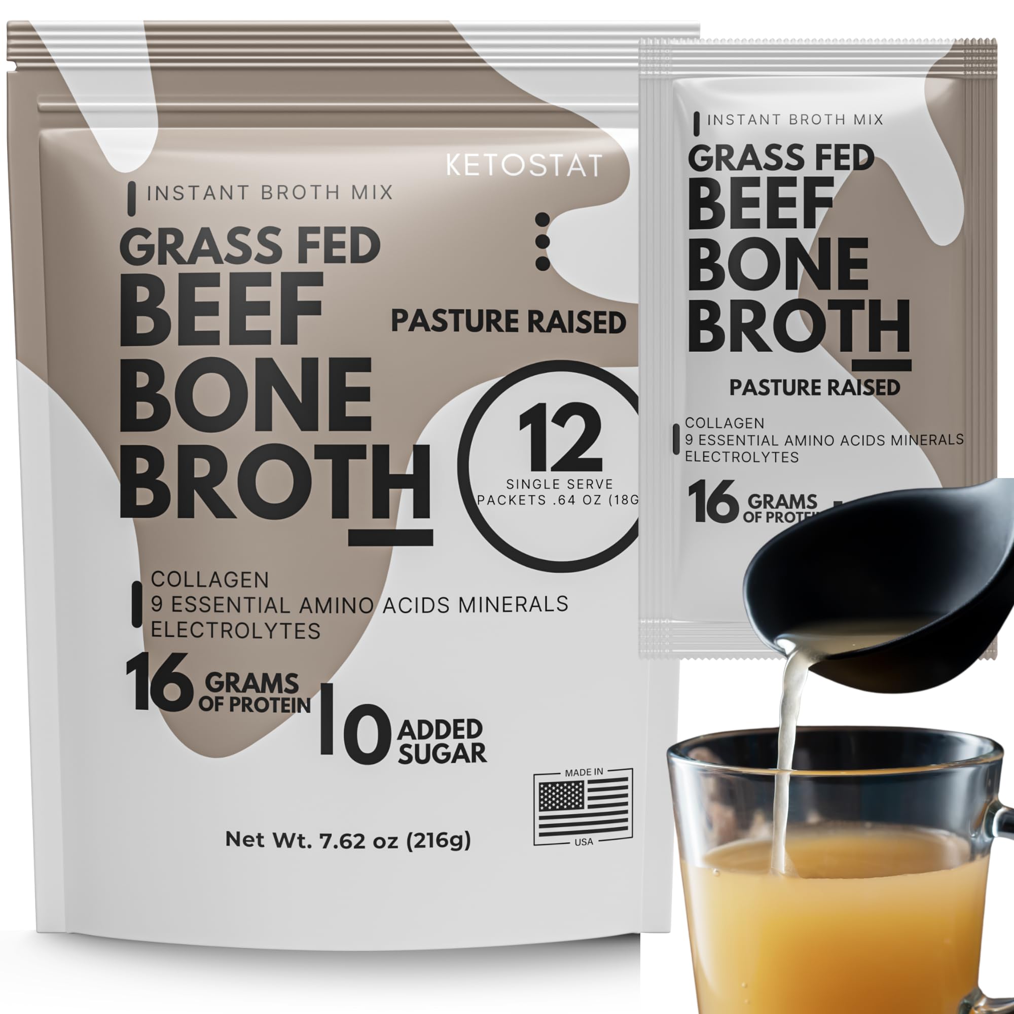 Ketostat bone broth protein packet ready to mix in hot water for a savory sip.