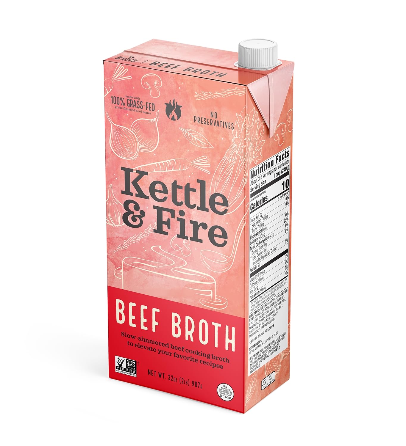 Kettle & Fire beef broth 32oz bottle pour highlights rich flavor for soups, sauces, and stews.