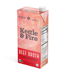 Kettle & Fire beef broth 32oz bottle pour highlights rich flavor for soups, sauces, and stews.