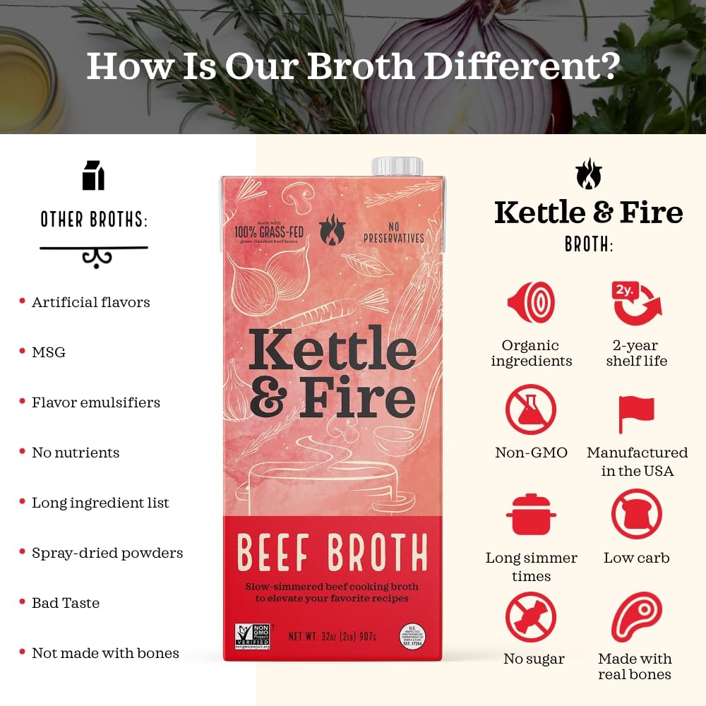Kettle & Fire beef broth 32oz cooking-ready bottle ready for quick meals.