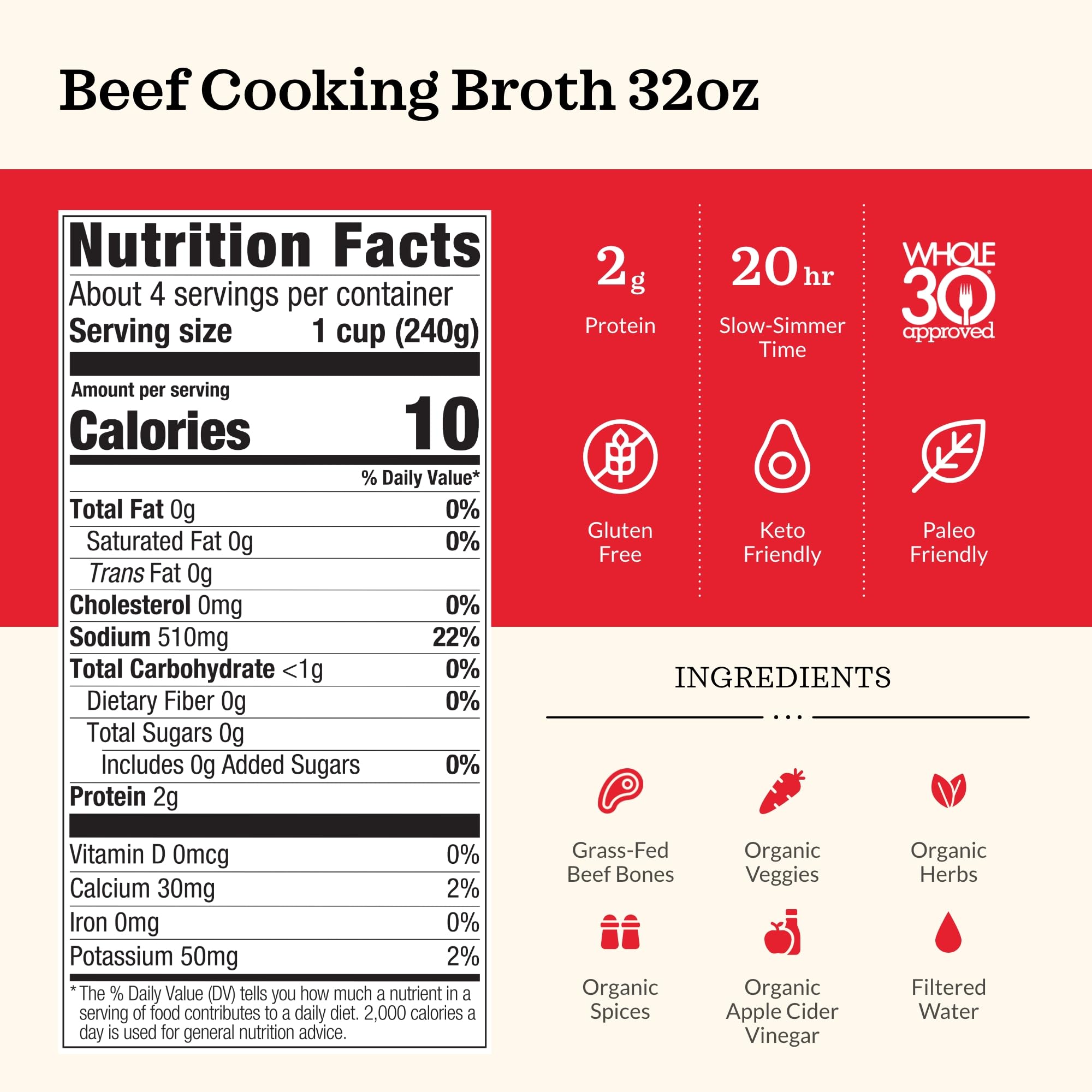 Kettle & Fire beef broth label closeup showcases clean packaging and quality ingredients.