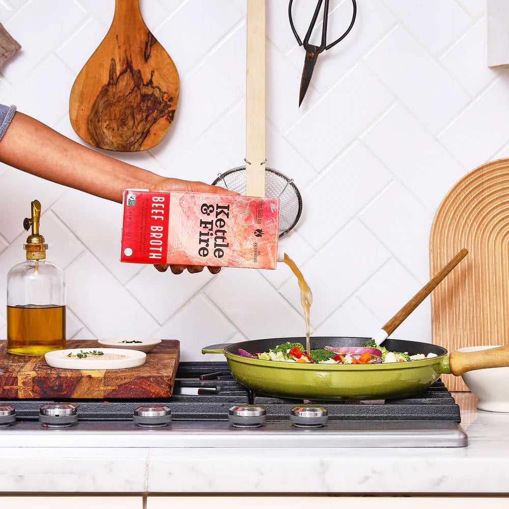Kettle & Fire beef broth simmer-ready in pot for rich weeknight dinners.