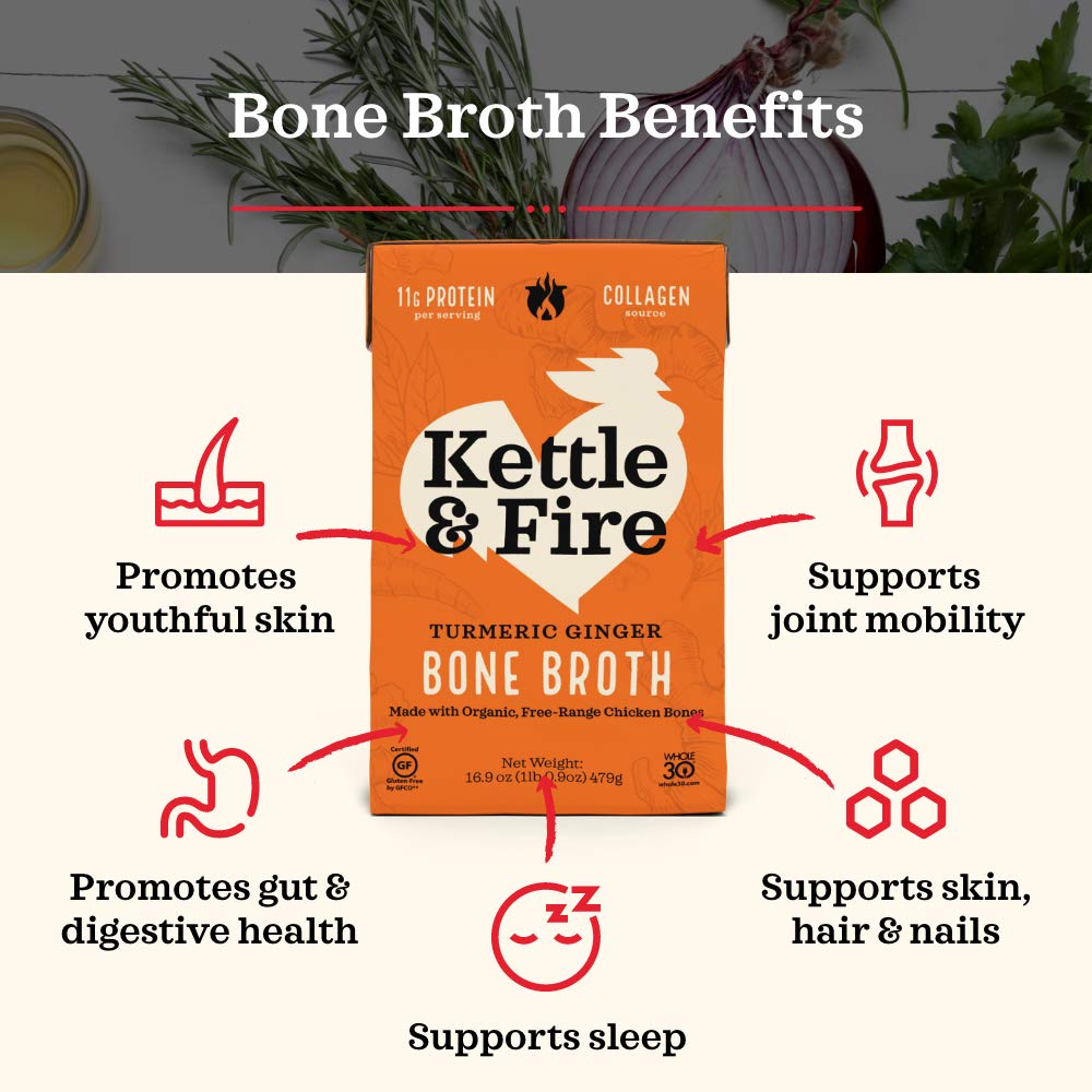 Kettle & Fire bone broth ingredients display real bones and organic produce for nourishing meals.