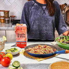 Kettle & Fire beef broth low-sodium ingredients close-up shows premium components.
