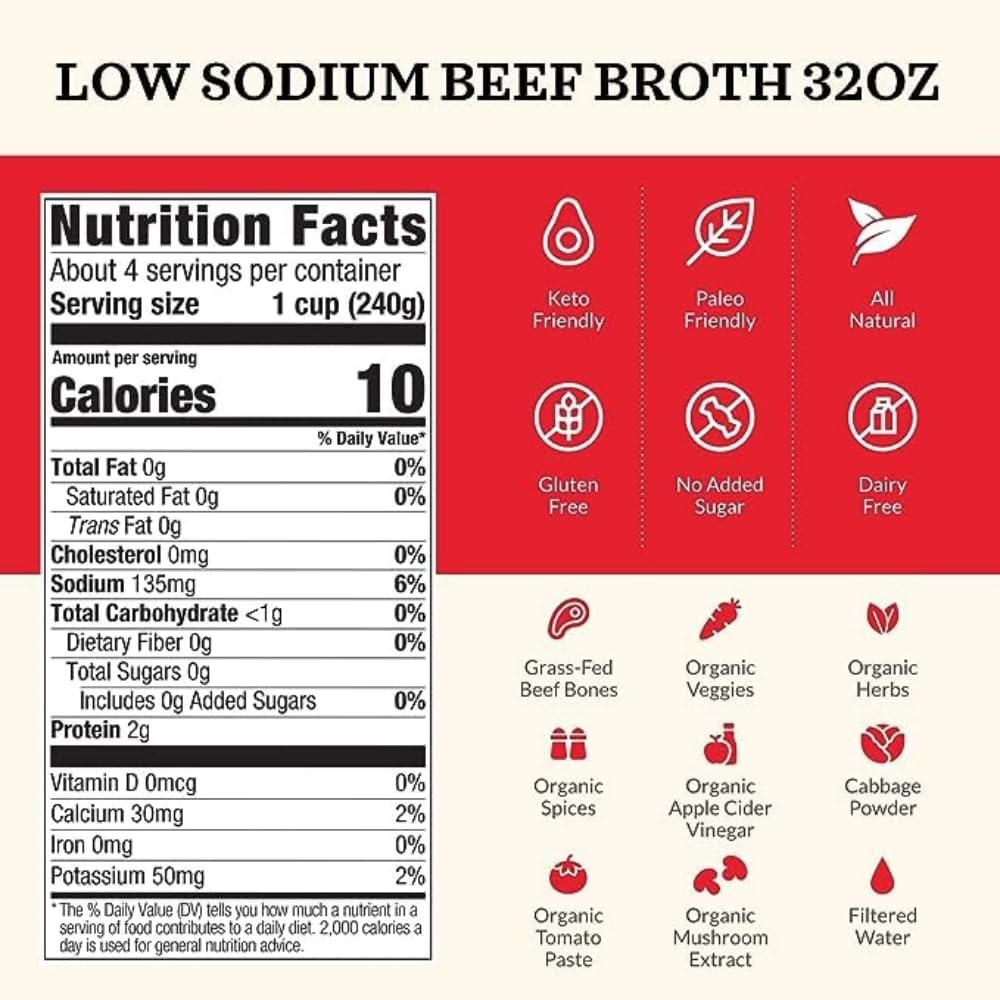 Kettle & Fire beef broth low-sodium label detail highlights premium ingredients.