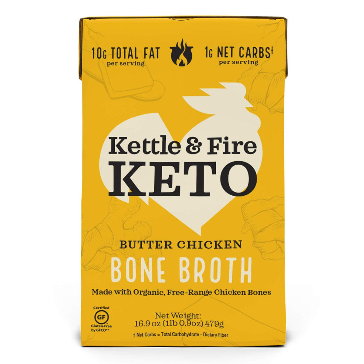 Kettle & Fire Butter Chicken broth bottle pouring, rich aroma for quick meals.
