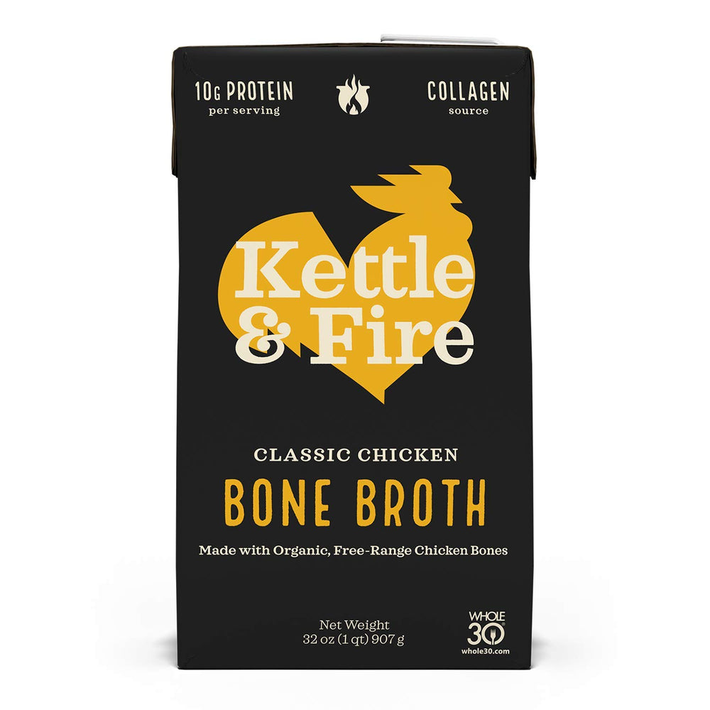 Kettle & Fire chicken bone broth jar pour, rich base for soups.