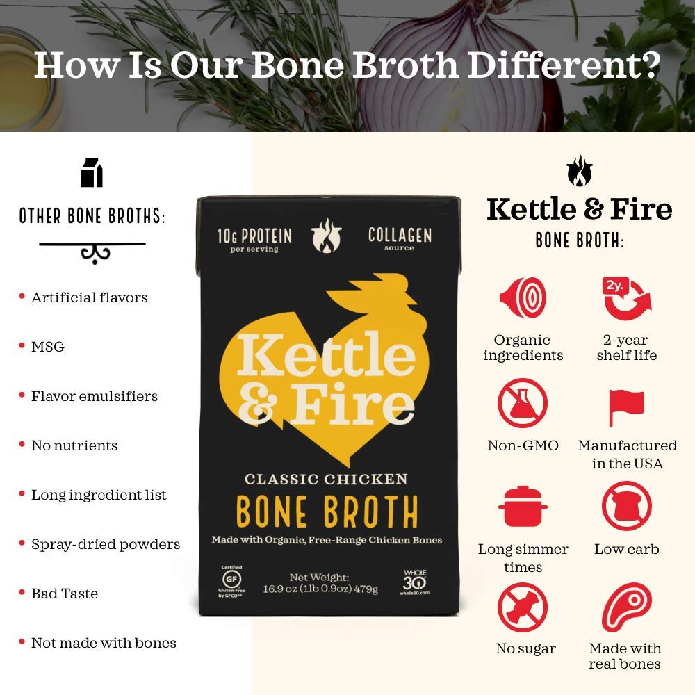 Kettle & Fire packaging closeup, premium broth quality.